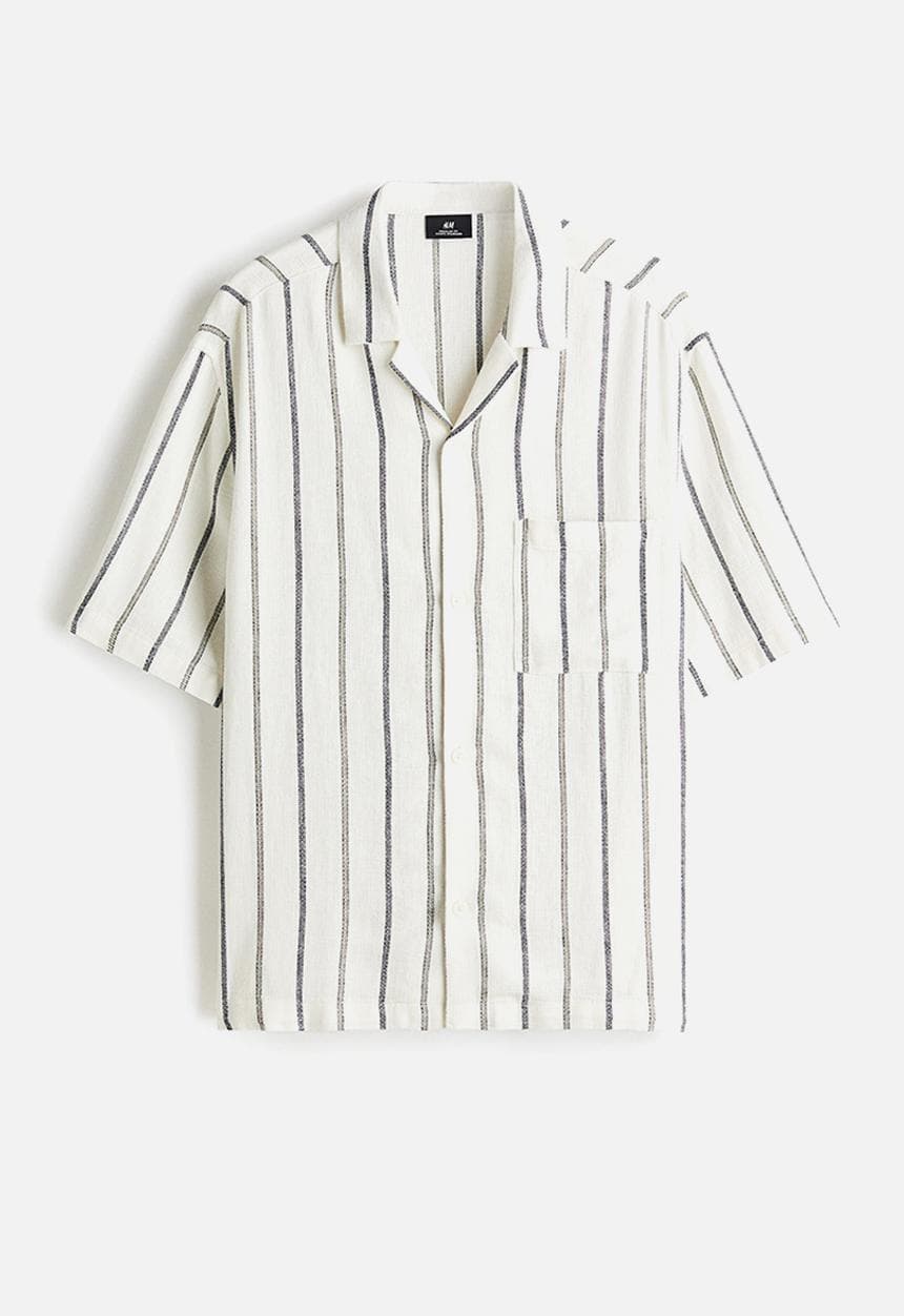 Regular Fit Linen-blend Resort Shirt - White, Striped